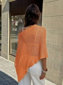 FOR BEAUTY Women's Summer New Knit Top, Casual Style, Orange Solid Color Loose Off-Shoulder Cover-Up, Bohemian Style, Suitable For Beach And Vacation - Orange - View 10