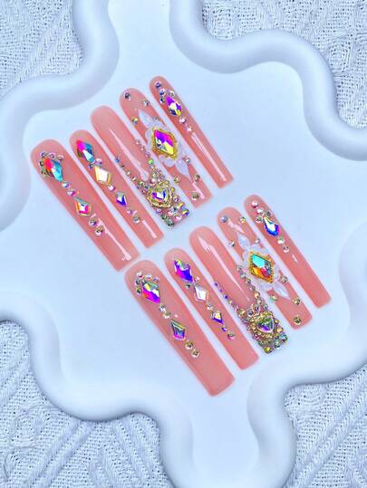10pcs Y2K Extra Long French Pink Nails Handmade,3D Shiny Nail Gemsdecoration,Alloy Decoration,Handmade Floral Design,Perfect For Weddings, Parties, Valentine's Day, Birthdays, Christmas Gifts,Supremely Fit Reusable Nail Art,1pc Jelly Gel/1pc Mini Rubbing Strips ,Detachable Press On Nails Set,Suitable For Ladies And Girls For Holiday Parties And Daily Wear,Nail Products