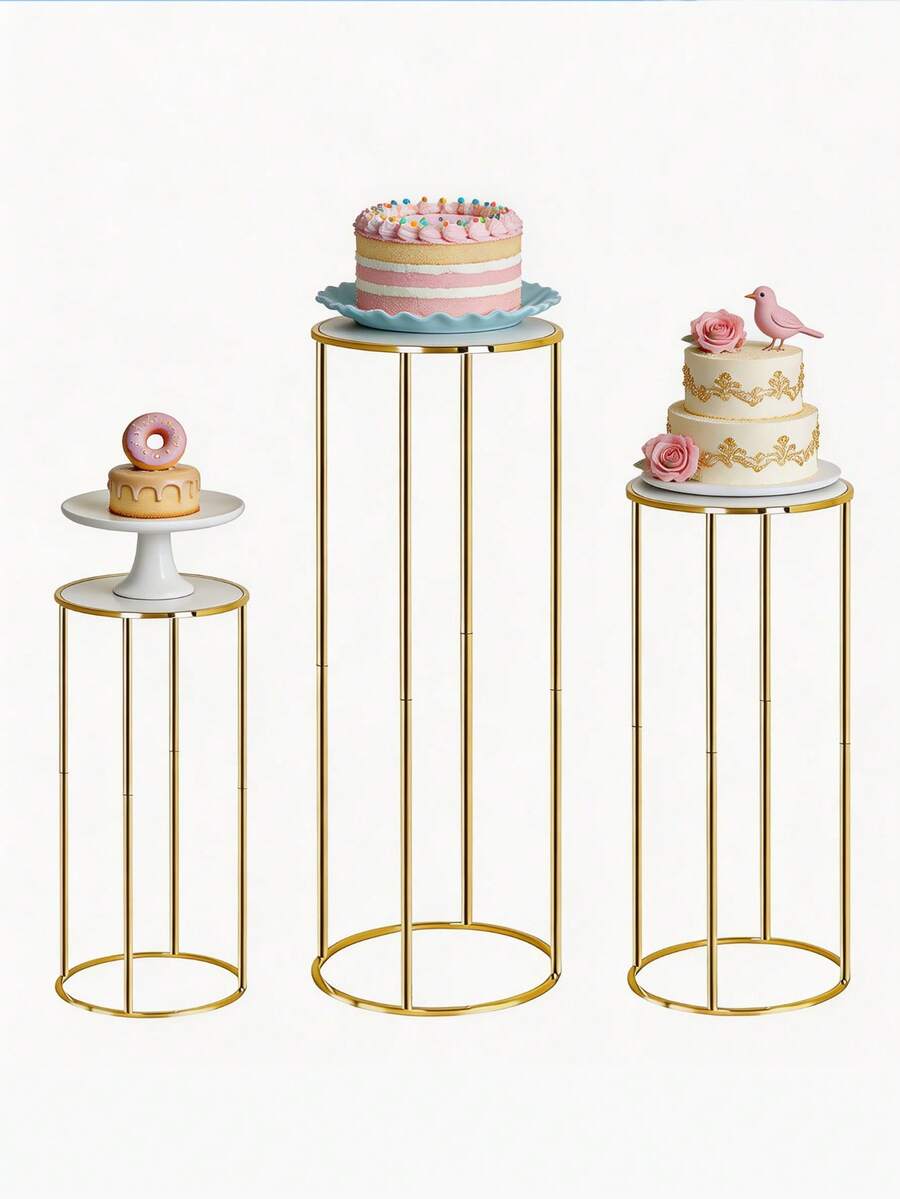 1/3 Pcs Gold Metal Tall Cake Stands Set, Round Pedestal Display Riser Stands With Smooth Edge, Suitable For Dessert Table Decoration, Party, Wedding, Birthday, Baby Shower, Holiday Celebration, Durable And Elegant Display Holder For Cakes, Cupcakes, Desserts