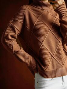 Plus Size Solid Color Turtleneck Long Sleeve Sweater, Autumn/Winter - Brown - View 3