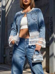 Áo khoác denim nữ cổ đính ngọc trai viền ren - Áo khoác dài tay cài nút, phong cách bohemian thanh lịch. - Rửa nhẹ - Xem 4