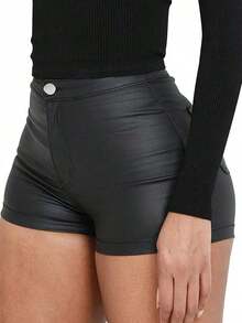 cortos casuales de unicolor recubiertos para mujer, estilo sexy de calle, otoño/invierno verano - Negro - Ver 10