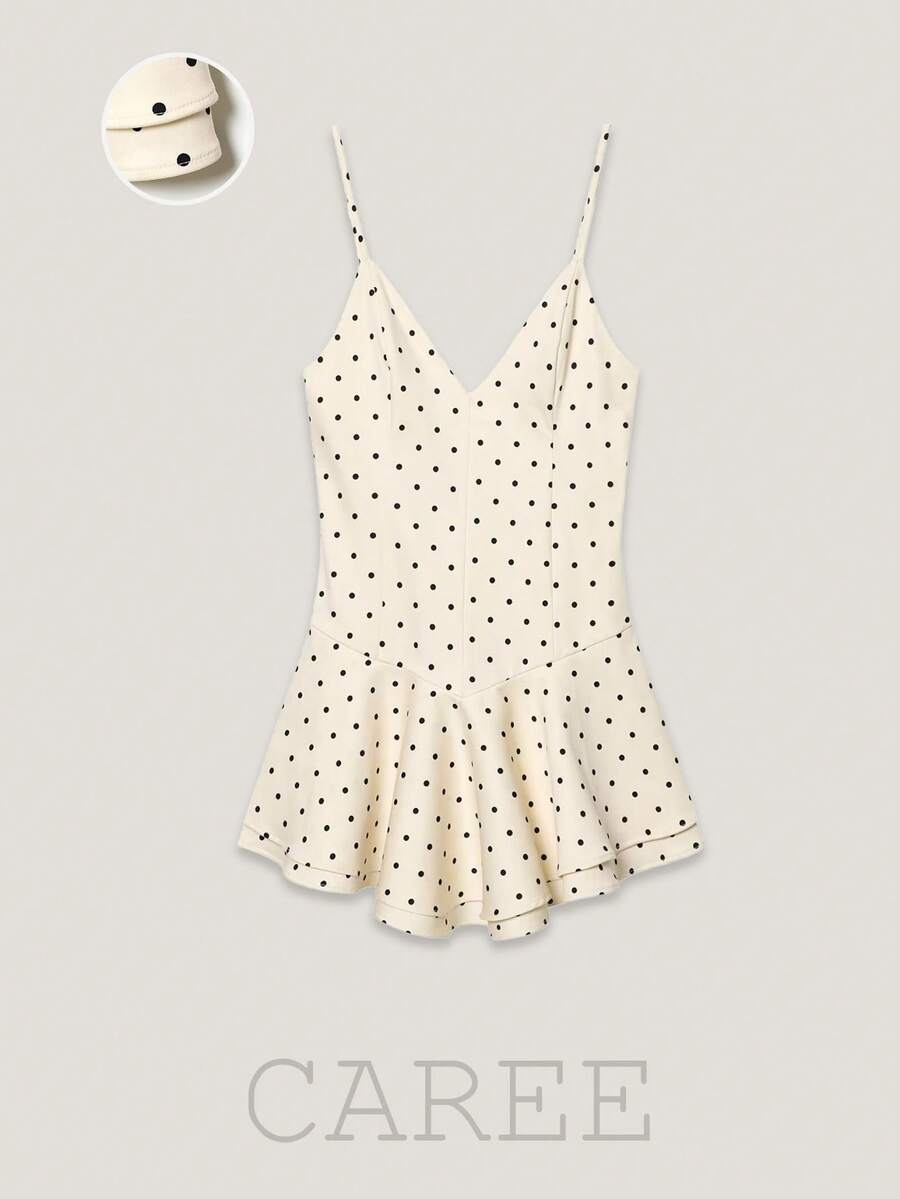 CAREE Women's V-Neck Polka Dot Spaghetti Strap Mini Dress, Double Ruffle Hem Fitted A-Line Slip Dress For Spring/Summer - Multicolor - View 1