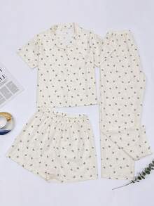 3 piezas Conjunto de pijama casual con estampado de moños negros para mujer, cómodo cárdigan de manga corta, top con cuello y pantalones/shorts sueltos, adecuado para fiestas, ropa de estar en casa para todas las estaciones - Beis - Ver 13