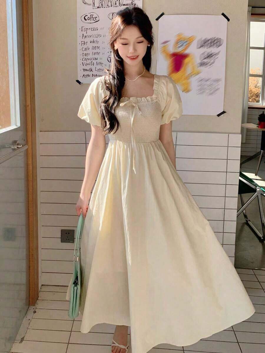 Square Neckline Cinching Waist A-Line Dress,Milkmaid Dress Sundress,Casual Women Dresses Maxi Dress - Màu be - Xem 1