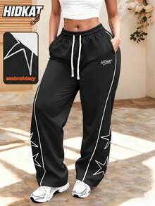 Hidkat Women's Fashion Embroidered Star Pattern Drawstring Waist Sports Pants, Suitable For Outdoor, Casual And Daily Wear, Spring/Autumn Black - Black - View 2