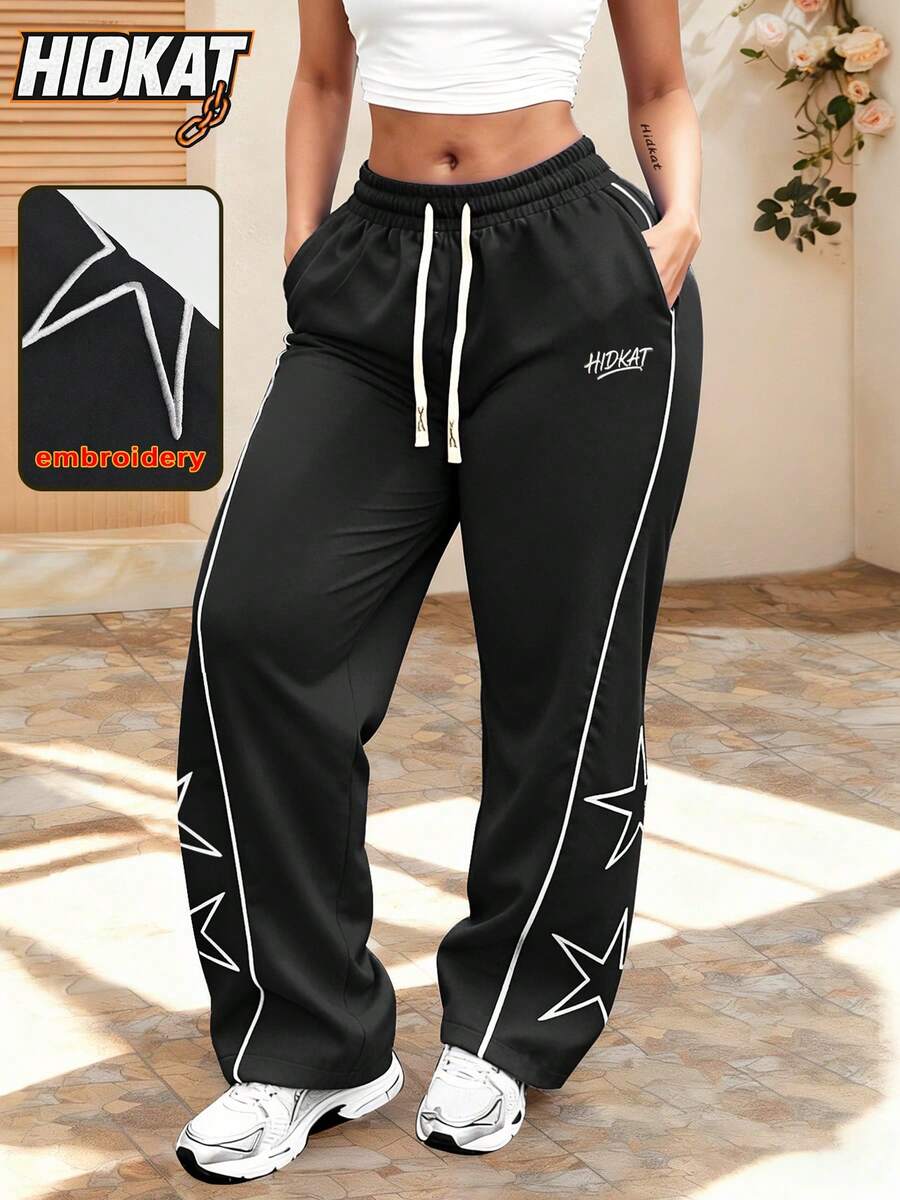 Hidkat Women's Fashion Embroidered Star Pattern Drawstring Waist Sports Pants, Suitable For Outdoor, Casual And Daily Wear, Spring/Autumn Black
