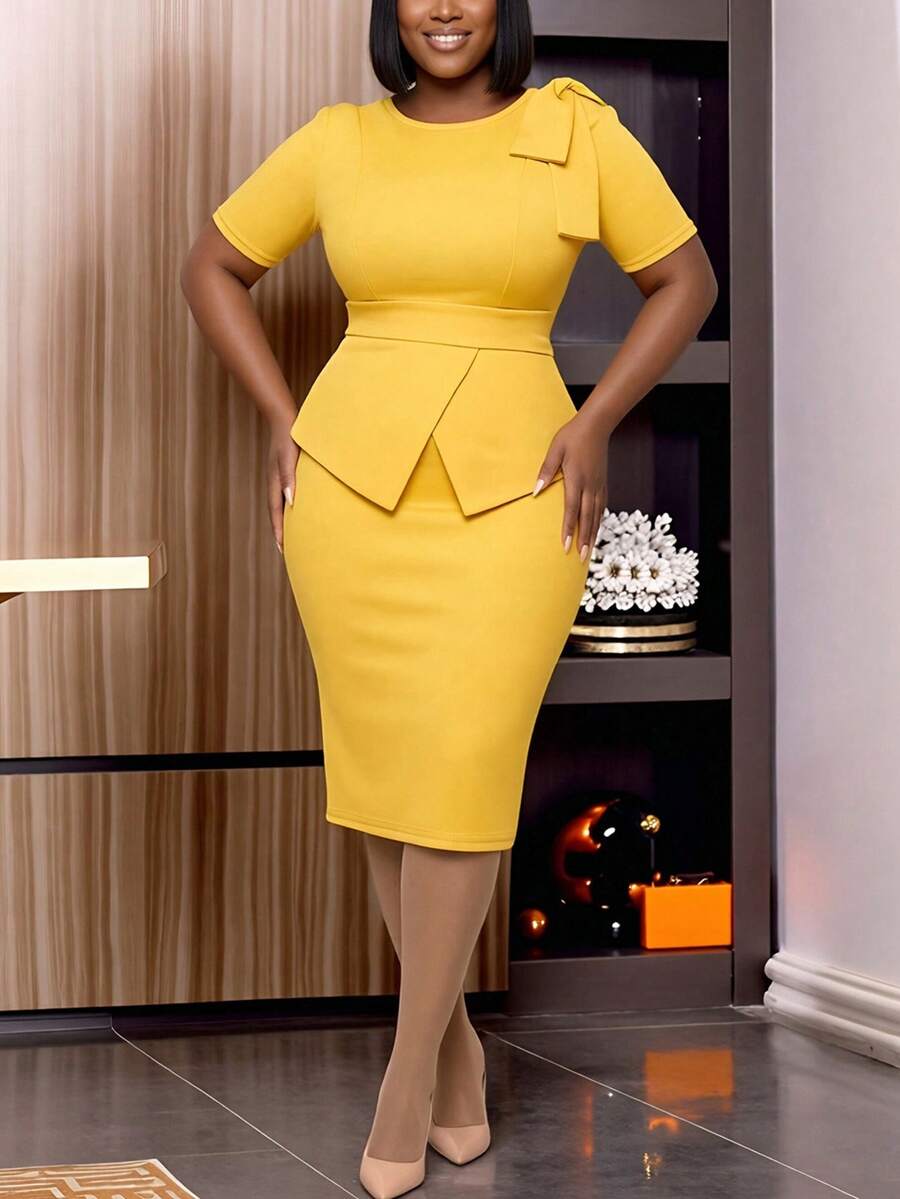Elegant Midi Dress With Exaggerated Bow Accent, Short Sleeves, Round Neck, Waist Cinching, Pencil Skirt, High Slit, Flattering Silhouette, Comfortable Wear, Suitable For Workplace, Daily, Weddings, Parties, Office, Spring/Summer/Autumn - Yellow - View 1