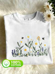 Women's Summer Vacation Daily 100% Cotton Imitation Embroidered Wildflowers Graphic Crew Neck Short Sleeves Casual White Women's Top - White - View 1