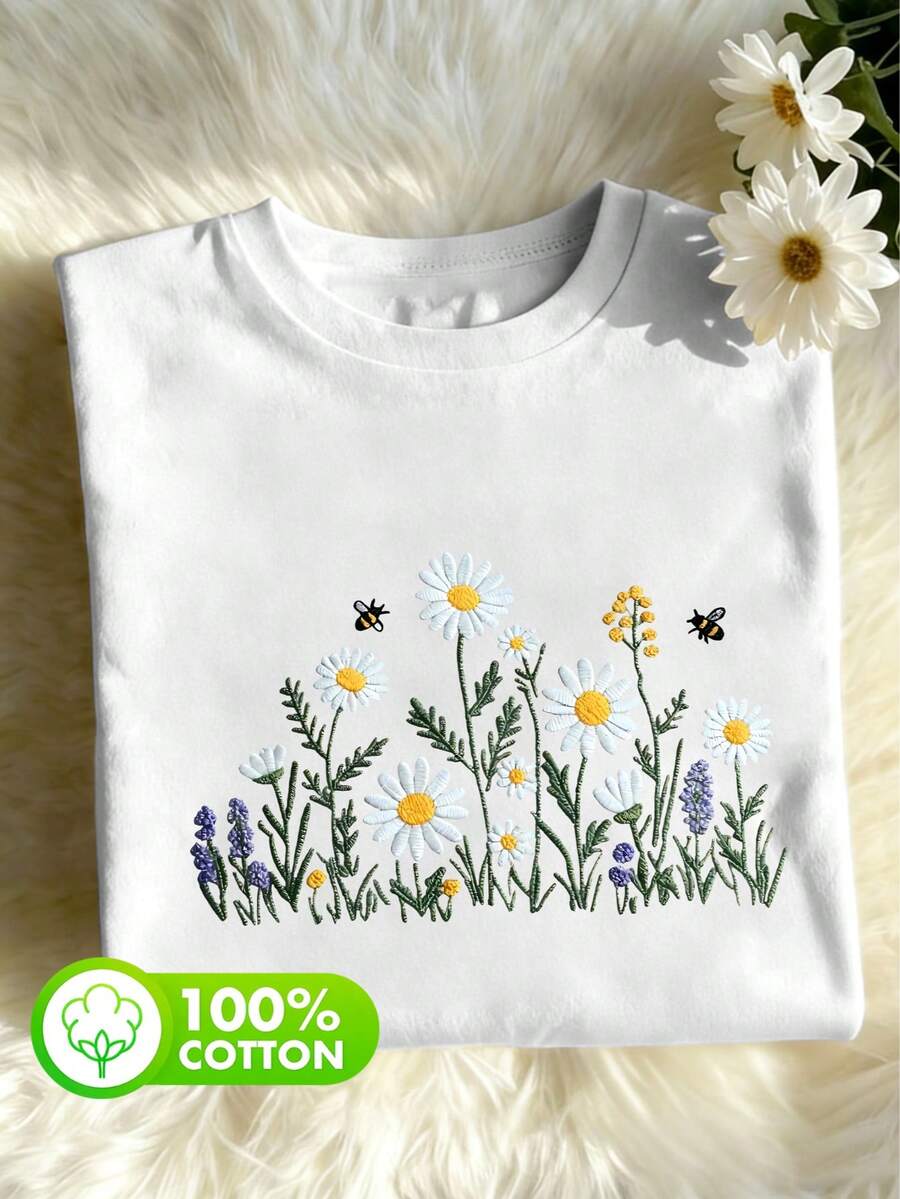 Women's Summer Vacation Daily 100% Cotton Imitation Embroidered Wildflowers Graphic Crew Neck Short Sleeves Casual White Women's Top - White - View 1
