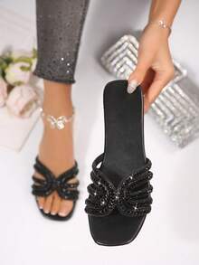 Mẫu mới mùa hè, kiểu dáng đơn giản, nhẹ nhàng, mũi vuông, đính đá pha lê, dép xỏ ngón, hở mũi, thích hợp cho tiệc tùng, đi biển, nghỉ lễ, gót chunky, thoải mái cho nữ. - màu đen - Xem 4