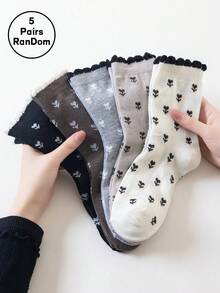 5/10双装女士袜子，随机日常穿搭可爱时尚简约舒适透气泡泡边郁金香中筒袜 - 彩色 - 查看 13