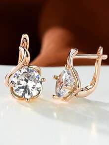 Vanel 1Pair Modern Rose Golden Cubic Zirconia Earrings, Dainty Floral Leverback Earrings, Stylish Everyday Jewelry, Elegant Jewelry Gift For Her - Rose Gold-white - View 2