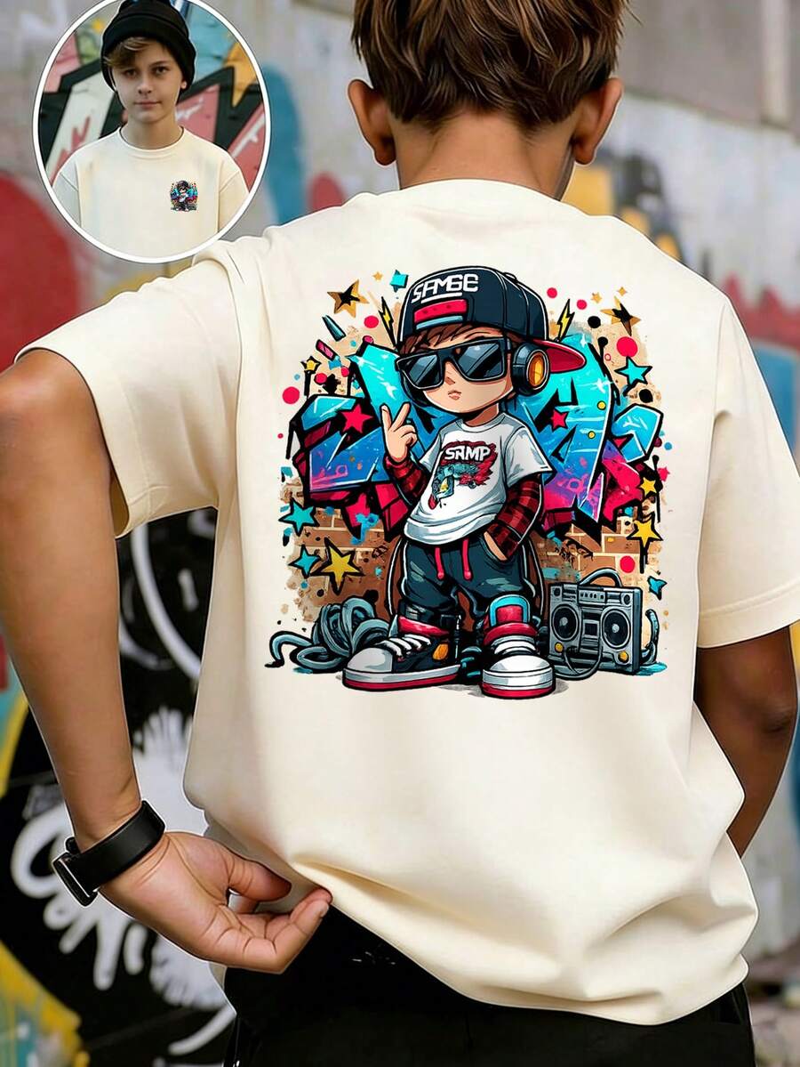 嘻哈涂鸦酷男孩前后双印花男童米色宽松街头风夏季短袖T恤 - 杏色 - 查看 1