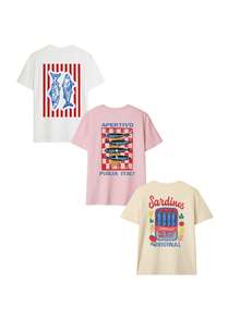3pcs/Set Summer New Minimalist Illustration Cute Cartoon Graphic Print Casual Round Neck Short Sleeve T-Shirt, Fashionable & Versatile Women Tops - White, Pink and Apricot - View 2