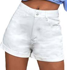 Womens High Waisted Denim Shorts Casual Rolled Hem Jean Shorts Classic 5 Pockets Stretchy Summer Hot Pants Comfy Shorts - 白色 - 查看 2
