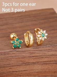 3件套时尚不锈钢简约圆形雏菊耳钉套装，女士18K镀金立方氧化锆花朵耳钉，美观饰品 - 3PCS-金3 - 查看 4