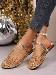 Bestselling Bohemian Style Woven + Luxury Mesh Flip Flops, Closed Toe & Closed Toe Dual Design, Soft Sole Comfortable Holiday Sandals For Women - Gold - View 14