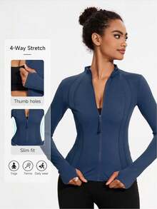 Women's Fitted Athletic Jacket With Thumb Holes And Stand Collar, Lightweight Breathable Women's Summer Coat, Soft Cozy Full Zip Workout Jacket, Slim Fit Yoga & Tennis Outerwear, Low Impact Exercise Top, Summer Outfits For Women,  Daily Active Wear,Gym Clothes Women,Women Sports Jackets - 藍色 - 查看 7