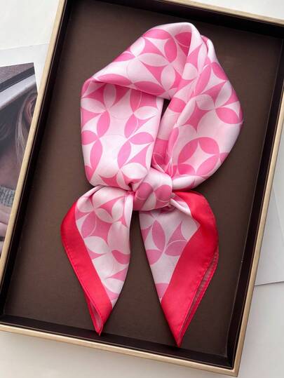 1pc New Fashionable Versatile Geometric Floral Print Faux Silk Scarf, Suitable For Headwrap, Neckwear, Outdoor, Riding, Dates, Street Dance, Parties, Sun Protection