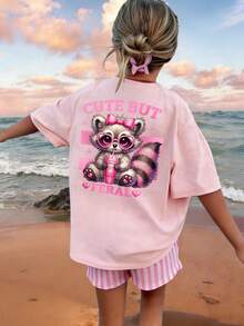 女童及青少年休闲印花圆领短袖T恤，夏季上衣 - 粉色 - 查看 1