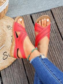 Sandalias de cuña transpirables y ligeras de colores múltiples con cordones para adolescentes, sandalias de moda versátiles - Rojo - Ver 2
