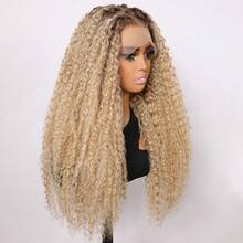 Tóc giả xoăn bồng bềnh màu nâu ombre vàng bạch kim, chất liệu sợi tổng hợp chịu nhiệt, kiểu dáng lace front, dành cho nữ. - Hai tông màu - Xem 3