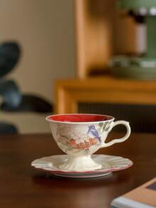 日式陶瓷花卉图案情侣牛奶杯，纯白色家用咖啡杯、水杯、茶杯 - 彩色 - 查看 12