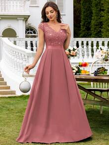 MIUSOL Vestido con cuello en V, encaje con lentejuelas, manga corta de gasa, bajo plisado, vestido elegante para mujer, vestido de fiesta formal, vestido de graduación y baile de promoción - Rosa vieja - Ver 7