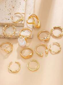 12件/套创意时尚多元素镂空几何液态抽象水滴形开口戒指，复古波西米亚巴洛克风格仿珍珠装饰戒指套装，女士时尚首饰套装，适合日常佩戴、海滩度假和各种派对场合。[部分戒指为开口式但不可调节，请勿用力弯曲，否则会断裂，尺寸已标记] 珍珠颜色随机 - 金色 - 查看 3