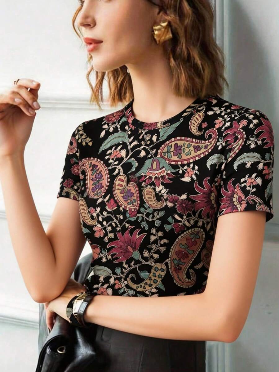 Áo dệt kim in hoa phong cách retro thời trang mới về, đa năng, thích hợp mặc hàng ngày cho nữ, cổ tròn, co giãn, ôm sát, kiểu dáng casual.