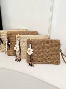 Beaded Flower Decor Straw Clutch Envelope Bag, Beach Style Zipper Wristlet, Beach Photo Prop, Woven Daily Commute Organizer Pouch, Beach Carry-All Phone Bag - Khaki - View 2