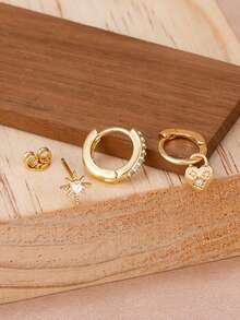 3PCS 18K Gold Plated Retro Heart Shape Pendant Hoop Earrings Set Elegant Zirconia Star Ear Stud For Women Fashion Jewelry Party Gift - 1-gold-3pcs - View 3