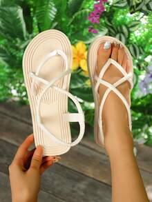 女士夏季新款休闲沙滩拖鞋，流苏装饰交叉绑带，圆头露趾凉鞋，米色 - 米白色 - 查看 10