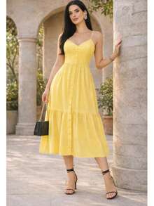 Long Dress In Viscose Linen, Plain, With Thin Straps, Buttons Down The Front, Padded Cups And Lining. Elasticated Back. - Light Yellow - View 1