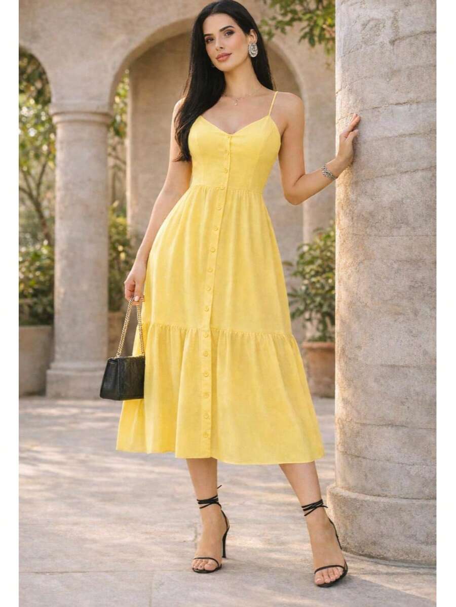 Long Dress In Viscose Linen, Plain, With Thin Straps, Buttons Down The Front, Padded Cups And Lining. Elasticated Back. - Light Yellow - View 1