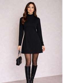 Premium Suedine Short Dress With High Ribbed Neck And Long Sleeves, Simple Fitted A-Line Style, Solid Color, Elegant, Autumn/Winter Fashion. - màu đen - Xem 8