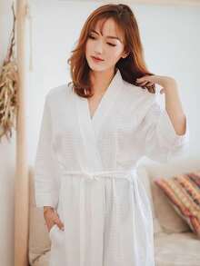 1件格子图案100%纯棉浴袍，男女通用成人浴袍，春夏款浴袍，适合居家、酒店、水疗中心使用，吸水性强，速干，宽松版型，多种颜色可选，浴室及家居必备品 - 彩色 - 查看 18