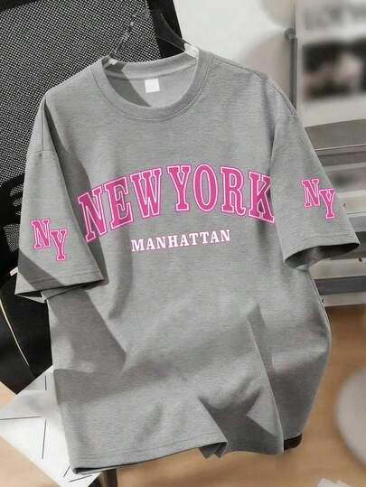 Teenager's New York Manhattan Letter Design Print Round Neck Short Sleeve T-Shirt, Comfortable Casual Daily Wear