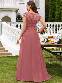 MIUSOL Vestido con cuello en V, encaje con lentejuelas, manga corta de gasa, bajo plisado, vestido elegante para mujer, vestido de fiesta formal, vestido de graduación y baile de promoción - Rosa vieja - Ver 3