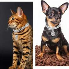 2pcs Classic Pet Collar, Hip-Hop Style Zinc Alloy Cuban Chain With Rhinestones, Adjustable Comfortable Pet Necklace, Suitable For Cats And Dogs - Multicolor - View 7