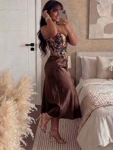 Women's Spring Satin Elegant Casual Skirt, Combining Elegance And Comfort For Versatile Everyday Wear, Suitable For Valentine's Day And Date Night - Brown - View 5