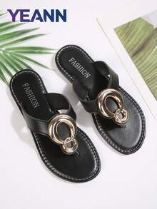 YEANN 2026 Nouvelles Arrivées Sandales Tongs à Décoration Métallique, Sandales Plates Ouvertes à la Mode pour l'Été et les Vacances à la Plage - Noir - Voir 7