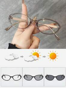 1pc Full Frame TR Frame Metal Legs Oval Small Frame Retro High-End Decorative Indoor Computer Reading Outdoor Photochromic Fashion Glasses For Summer Beach Vacation,Outdoor,Travel - Transparent to Black - View 16