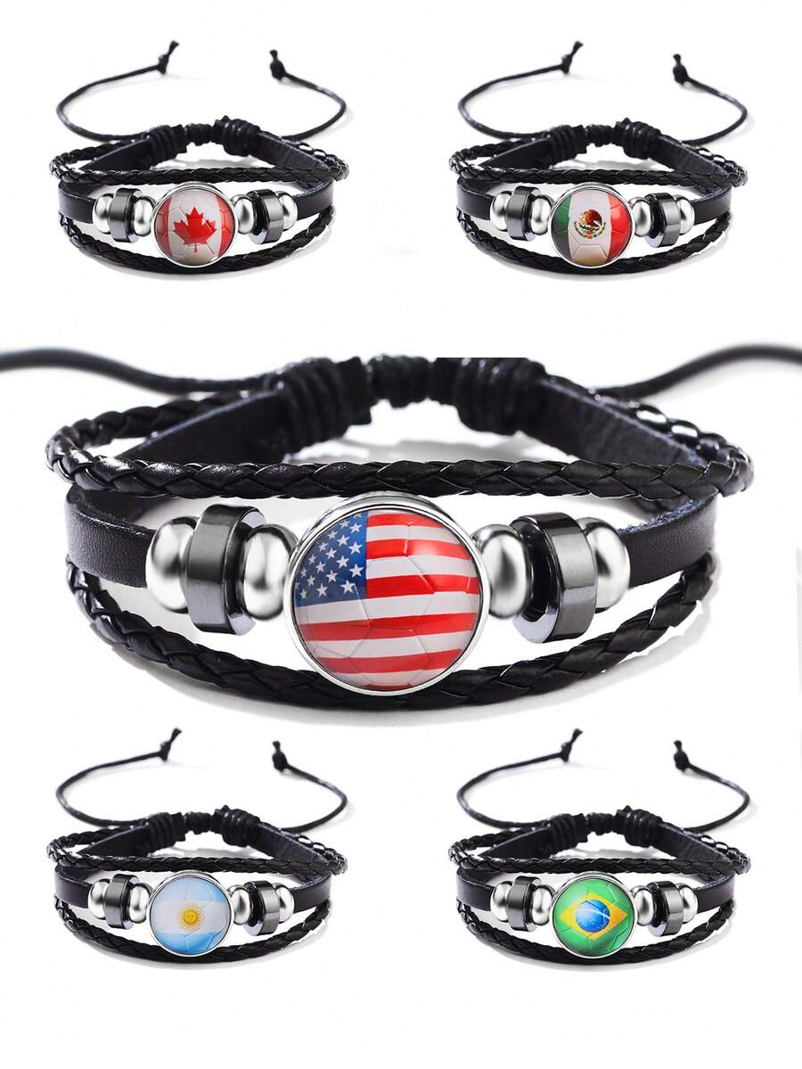 1pc Men's Fashion World Cup National Flag Beaded Adjustable PU Leather Bracelet - Brazil - View 1