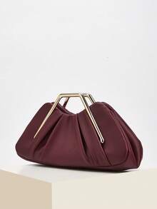 Vintage Asymmetric Ruffle Cloud Clutch Bag, Unique Metal Hardware Decor High-End Retro Evening Clutch - Burgundy - View 3