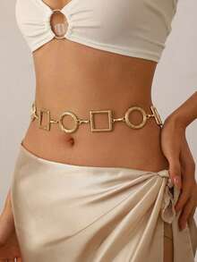 1pc Fashionable Geometric Patchwork Metal Waist Chain, Versatile Waist Belt/Body Chain Accessory For Skirts, Jeans, Bikini, Elegant Design - Golden Geometry - View 6