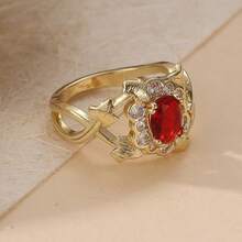 精致手工枫叶戒指套装，镶嵌红色合成立方氧化锆，精美女士节日派对首饰，完美节日礼物 - 金色 - 查看 2