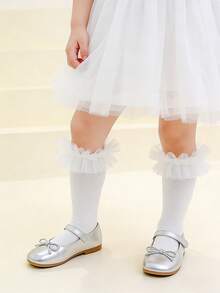 1双女童时尚网纱蕾丝边中筒袜，女童百搭日常过膝袜，适合搭配连衣裙，四季皆宜 - 白色 - 查看 4