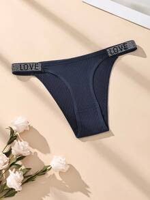 1条蓝色LOVE水晶字母弹力腰带性感纯棉三角裤，柔软透气无痕女士内裤 - 藏蓝色 - 查看 3